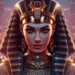 Cleópatra cyberpunk IA rainha em cidade futurista do Nilo