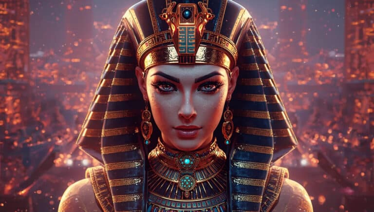 Cleópatra cyberpunk IA rainha em cidade futurista do Nilo