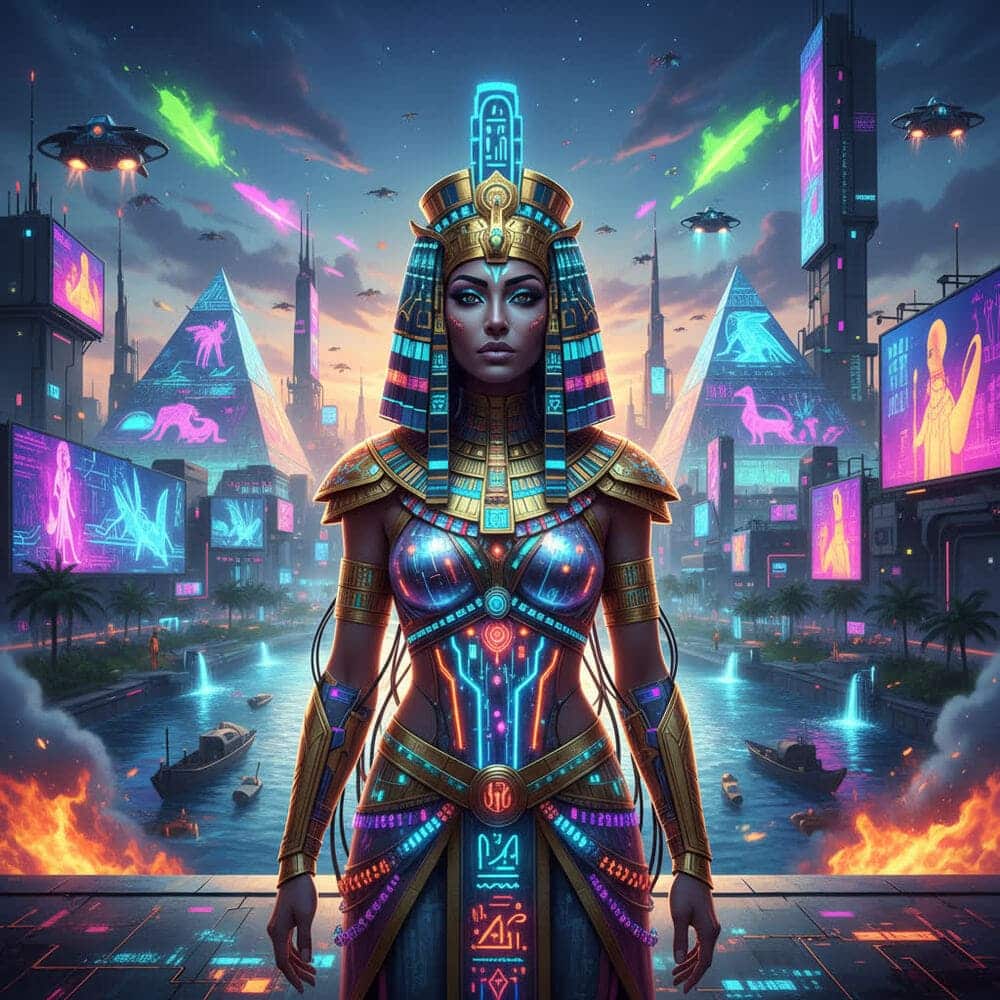 Cleópatra cyberpunk IA rainha em cidade futurista do Nilo