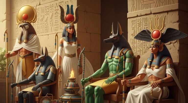 Ilustração dos principais deuses egípcios: Rá, Ísis, Osíris, Anúbis e Hórus, em um templo com hieróglifos.