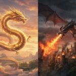 Dragão oriental dourado e dragão ocidental cuspindo fogo, criaturas mitológicas de culturas diferentes