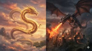 Dragão oriental dourado e dragão ocidental cuspindo fogo, criaturas mitológicas de culturas diferentes