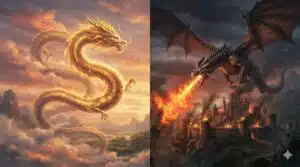 Dragão oriental dourado e dragão ocidental cuspindo fogo, criaturas mitológicas de culturas diferentes