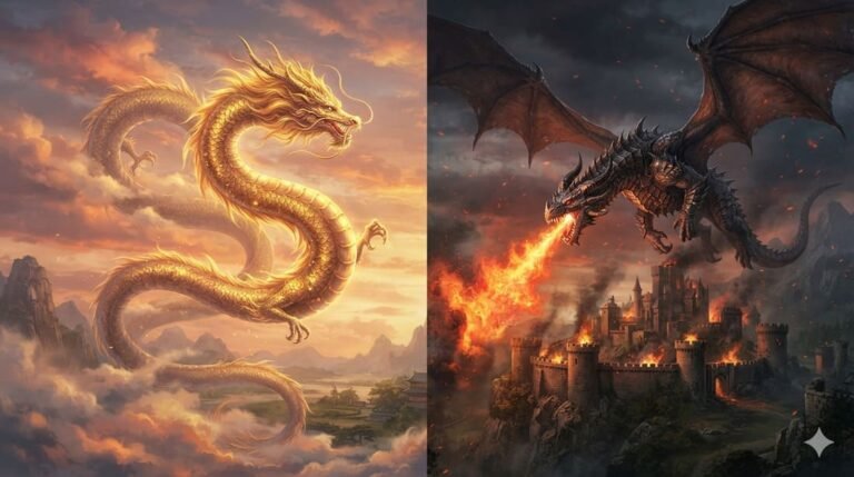 Dragão oriental dourado e dragão ocidental cuspindo fogo, criaturas mitológicas de culturas diferentes