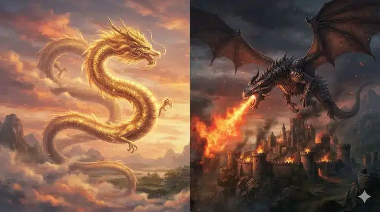Dragão oriental dourado e dragão ocidental cuspindo fogo, criaturas mitológicas de culturas diferentes