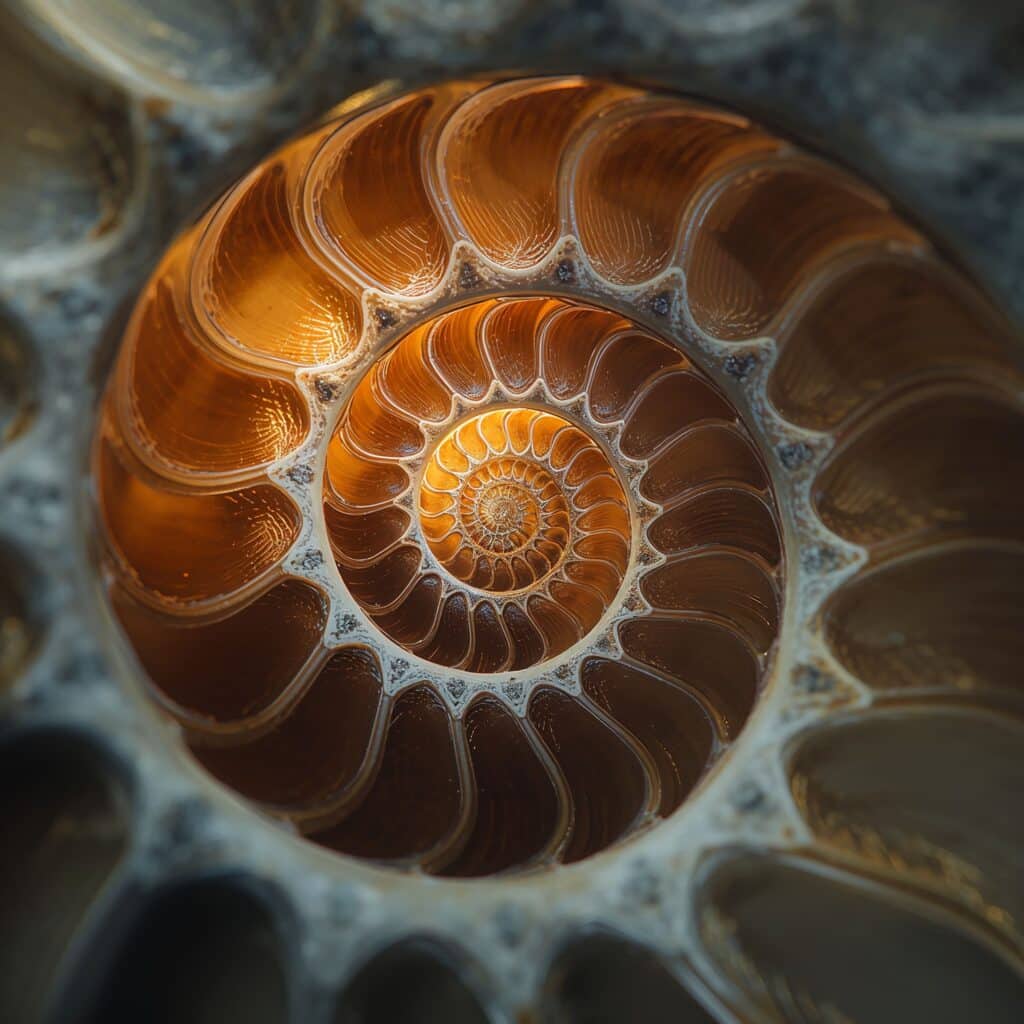 espiral-fibonacci-concha-nautilus Concha de náutilo com a Espiral de Fibonacci destacada, demonstrando a presença da sequência na natureza.