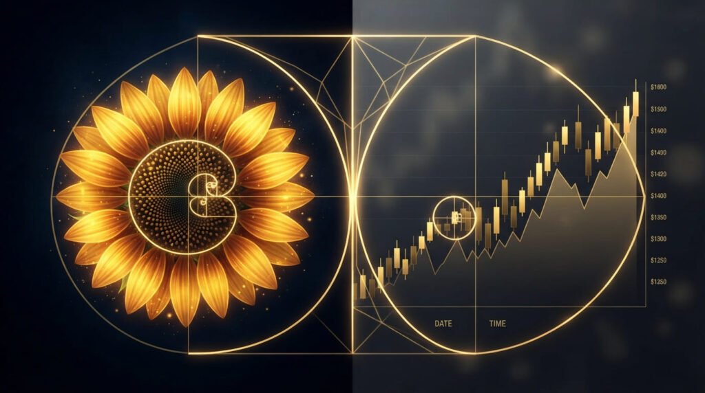 Espiral de Fibonacci sobreposta a um girassol e a um gráfico financeiro