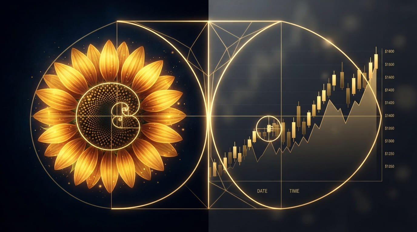 Espiral de Fibonacci sobreposta a um girassol e a um gráfico financeiro