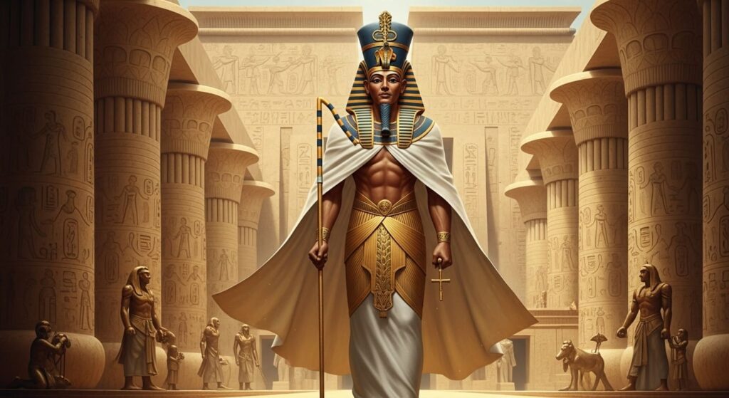farao-egipcio-divino-poder Faraó egípcio em vestes cerimoniais, com a coroa dupla, cajado e mangual, em frente a um templo com hieróglifos