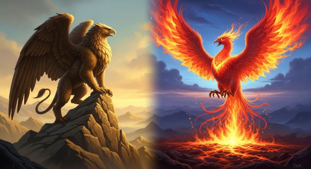 Grifo majestoso em um pico rochoso e uma Fênix de fogo renascendo das cinzas, símbolos de poder e renovação.