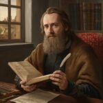 Retrato artístico de Leonardo Fibonacci segurando seu livro 'Liber Abaci', o matemático que popularizou a Sequência de Fibonacci no Ocidente.