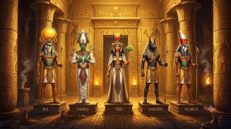 Painel com os principais deuses da mitologia egípcia: Rá, Osíris, Ísis, Anúbis e Hórus