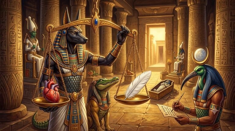 Cerimônia da pesagem do coração na mitologia egípcia, com Anúbis, Toth e a deusa Ammit