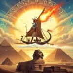 Cena épica da Mitologia Egípcia com Rá em sua barca solar sobre as Pirâmides de Gizé, representando deuses e faraós.