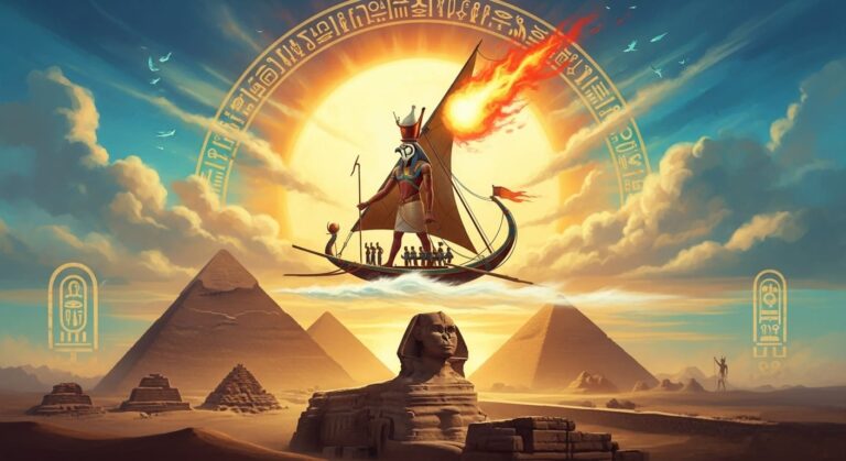 Cena épica da Mitologia Egípcia com Rá em sua barca solar sobre as Pirâmides de Gizé, representando deuses e faraós.