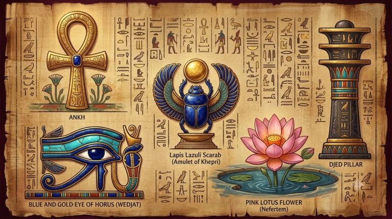 Símbolos sagrados da mitologia egípcia: Ankh, Olho de Hórus, escaravelho, flor de lótus e pilar Djed