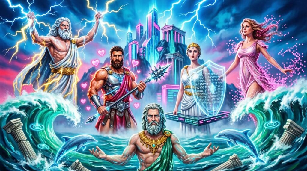 Cinco deuses gregos recriados em arte digital IA ao redor de um Olimpo cyberpunk com paleta vibrante