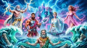 Cinco deuses gregos recriados em arte digital IA ao redor de um Olimpo cyberpunk com paleta vibrante