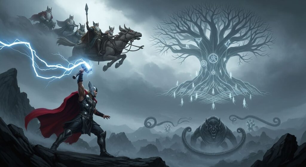 Cena épica da Mitologia Nórdica com Thor, Odin em Sleipnir, a árvore Yggdrasil, Fenrir e Jörmungandr, representando os deuses e monstros.