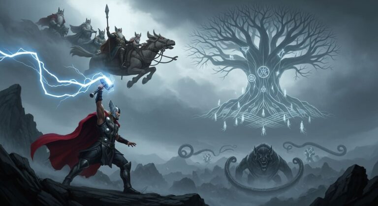 Cena épica da Mitologia Nórdica com Thor, Odin em Sleipnir, a árvore Yggdrasil, Fenrir e Jörmungandr, representando os deuses e monstros.