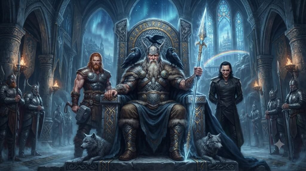 Odin, Thor e Loki, os principais deuses da mitologia nórdica, em Asgard