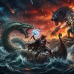 Cena do Ragnarök, a batalha final da mitologia nórdica entre deuses e monstros