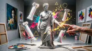 Estátua clássica grega em diálogo com artista contemporâneo em estilo digital vibrante