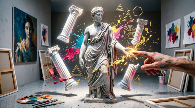 Estátua clássica grega em diálogo com artista contemporâneo em estilo digital vibrante