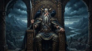 Odin, o Pai de Todos, sentado em seu trono com seus corvos