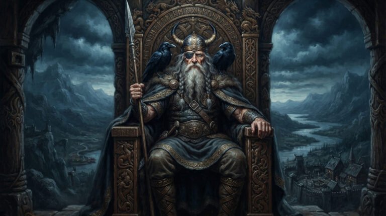 Odin, o Pai de Todos, sentado em seu trono com seus corvos