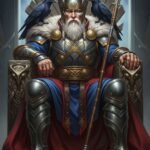 Odin, o Pai de Todos, sentado em seu trono com seus corvos Hugin e Munin e sua lança Gungnir.