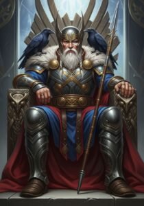 Odin, o Pai de Todos, sentado em seu trono com seus corvos Hugin e Munin e sua lança Gungnir.
