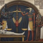 Pesagem do Coração: Anúbis e Thoth na cerimônia do julgamento no submundo egípcio, com o coração contra a pena de Ma'at.