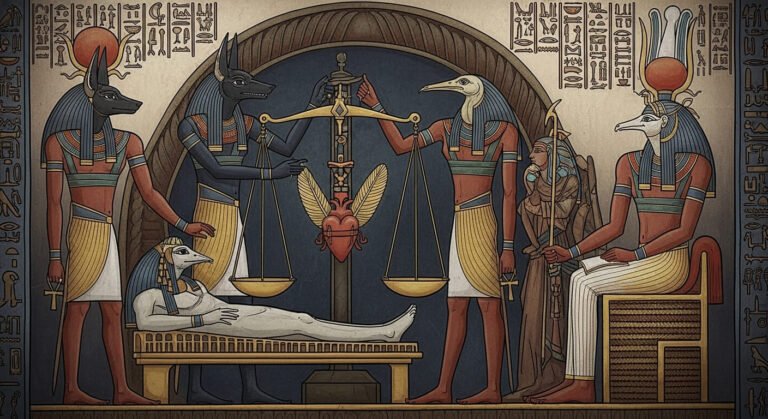 Pesagem do Coração: Anúbis e Thoth na cerimônia do julgamento no submundo egípcio, com o coração contra a pena de Ma'at.