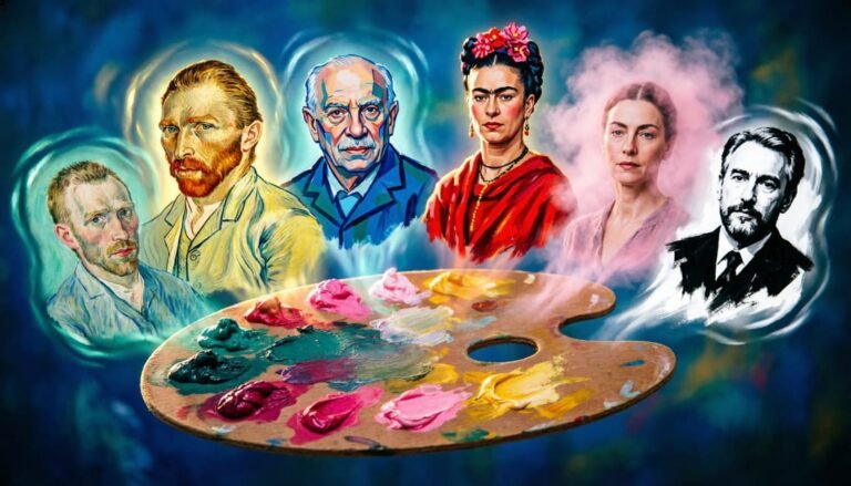 Paleta de cores emocionais transformando-se em retratos de artistas clássicos em estilo digital vibrante