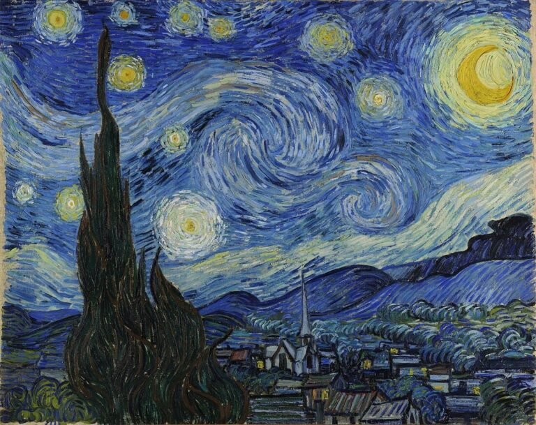 Noite Estrelada de Van Gogh (1889) em cores vibrantes, exemplo clássico de psicologia das cores na arte