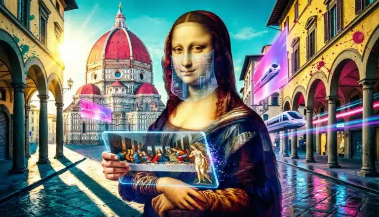 Recriação de Mona Lisa em estilo cyberpunk com arte digital IA e paleta vibrante