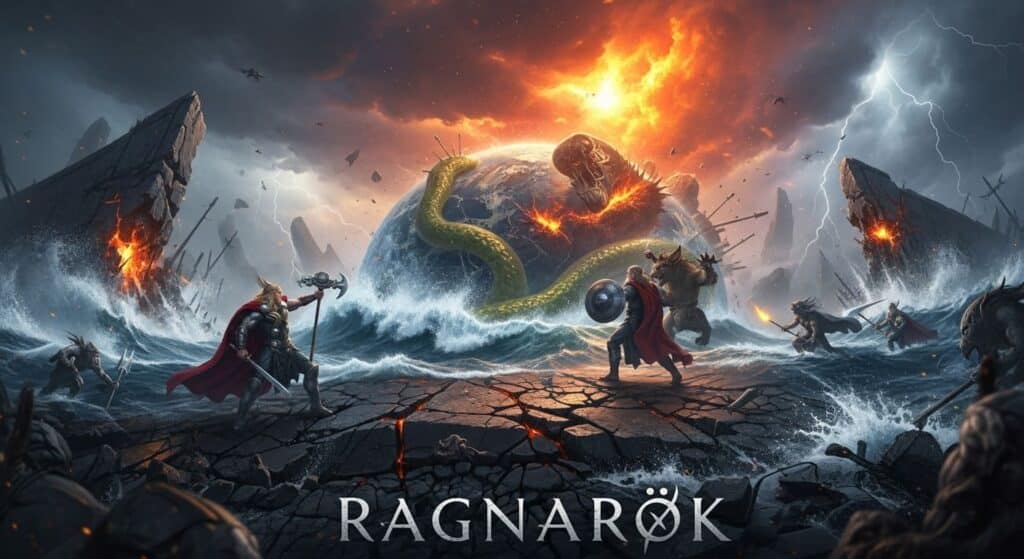 ragnarok-crepusculo-deuses-batalha Cena caótica do Ragnarök, com Thor lutando contra Jörmungandr e Odin enfrentando Fenrir em um mundo em colapso.