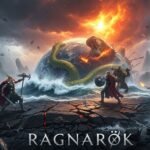 Cena caótica do Ragnarök, com Thor lutando contra Jörmungandr e Odin enfrentando Fenrir em um mundo em colapso.