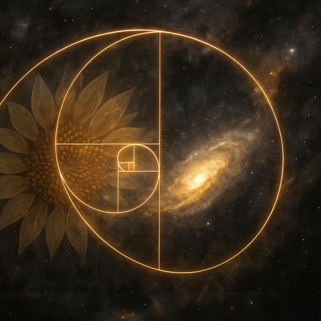 sequencia-fibonacci-natureza-e-universo Espiral dourada de Fibonacci sobreposta a um girassol e uma galáxia em um fundo cósmico escuro, representando o código secreto da natureza e do universo.