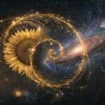 Espiral dourada de Fibonacci sobreposta a um girassol e uma galáxia em um fundo cósmico escuro, representando o código secreto da natureza e do universo.
