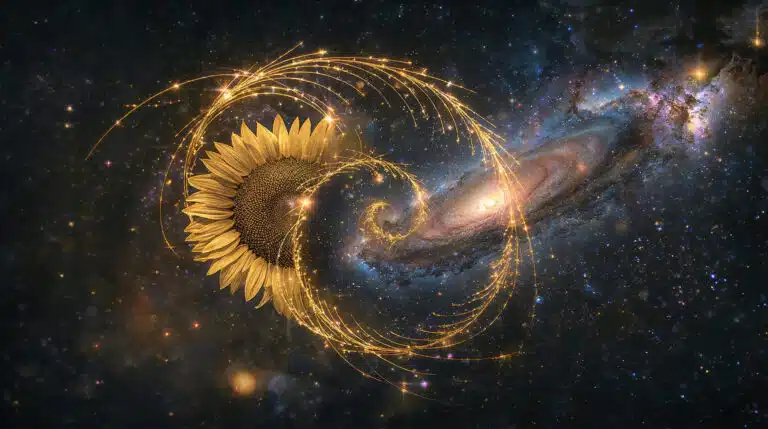 Espiral dourada de Fibonacci sobreposta a um girassol e uma galáxia em um fundo cósmico escuro, representando o código secreto da natureza e do universo.