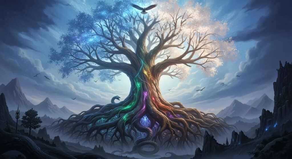 yggdrasil-arvore-mundo-mitologia-nordica Yggdrasil, a Árvore do Mundo, conectando os nove reinos da Mitologia Nórdica, com raízes profundas e galhos celestiais.