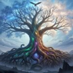 Yggdrasil, a Árvore do Mundo, conectando os nove reinos da Mitologia Nórdica, com raízes profundas e galhos celestiais.
