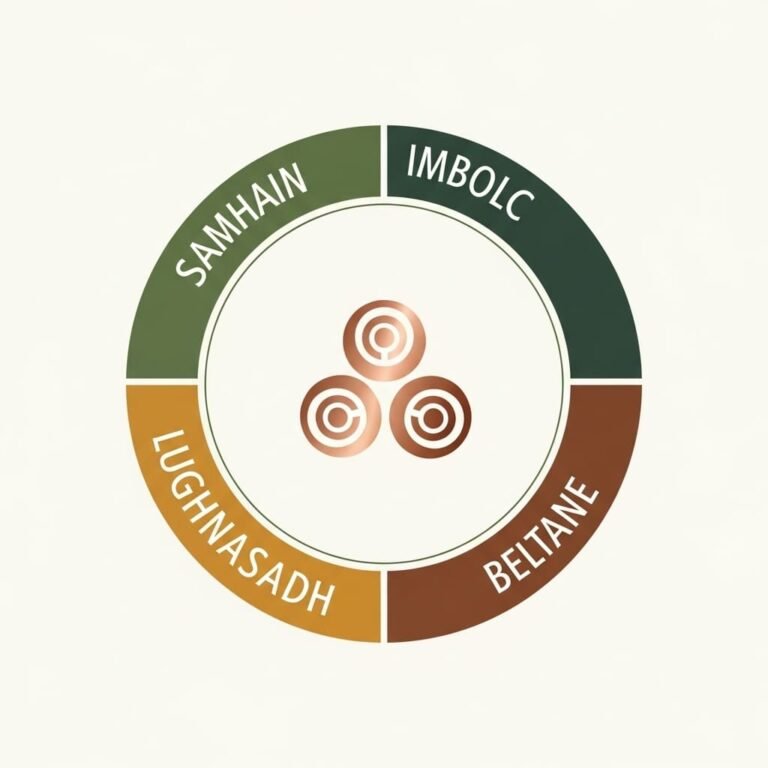 Diagrama da Roda do Ano, mostrando os principais festivais celtas (Samhain, Beltane), essenciais para a Cosmovisão Celta