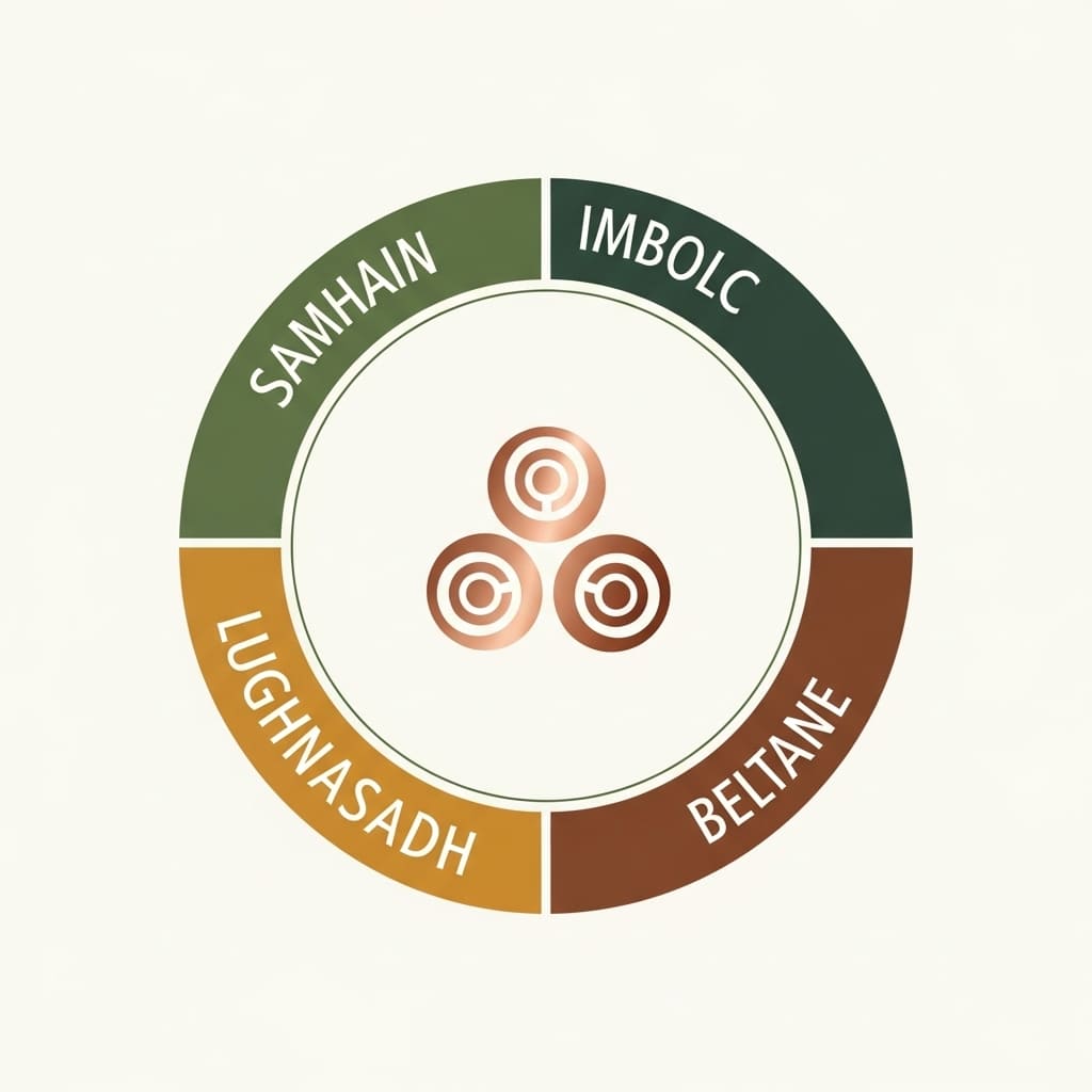 cosmovisao-celta-roda-do-ano-festivais Diagrama da Roda do Ano, mostrando os principais festivais celtas (Samhain, Beltane), essenciais para a Cosmovisão Celta