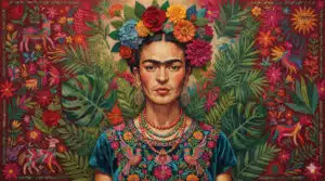 Retrato estilizado de mulher com flores no cabelo em estilo folclórico mexicano, remetendo à estética de Frida Kahlo
