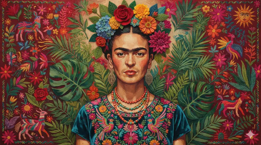 Retrato estilizado de mulher com flores no cabelo em estilo folclórico mexicano, remetendo à estética de Frida Kahlo