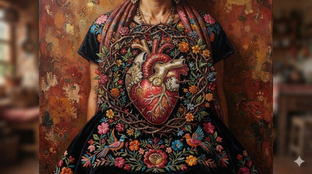 Ilustração simbólica de coração exposto cercado por espinhos, representando os símbolos recorrentes na pintura de Frida Kahlo