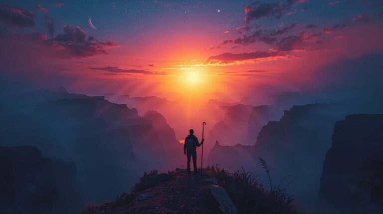 Silhueta de um viajante/herói com mochila e cajado, parado no pico de um cânion nebuloso ao pôr do sol. O céu é dramático com estrelas e duas luas crescentes. Imagem simbólica da Jornada do Herói e do Caminho do Herói de Joseph Campbell.